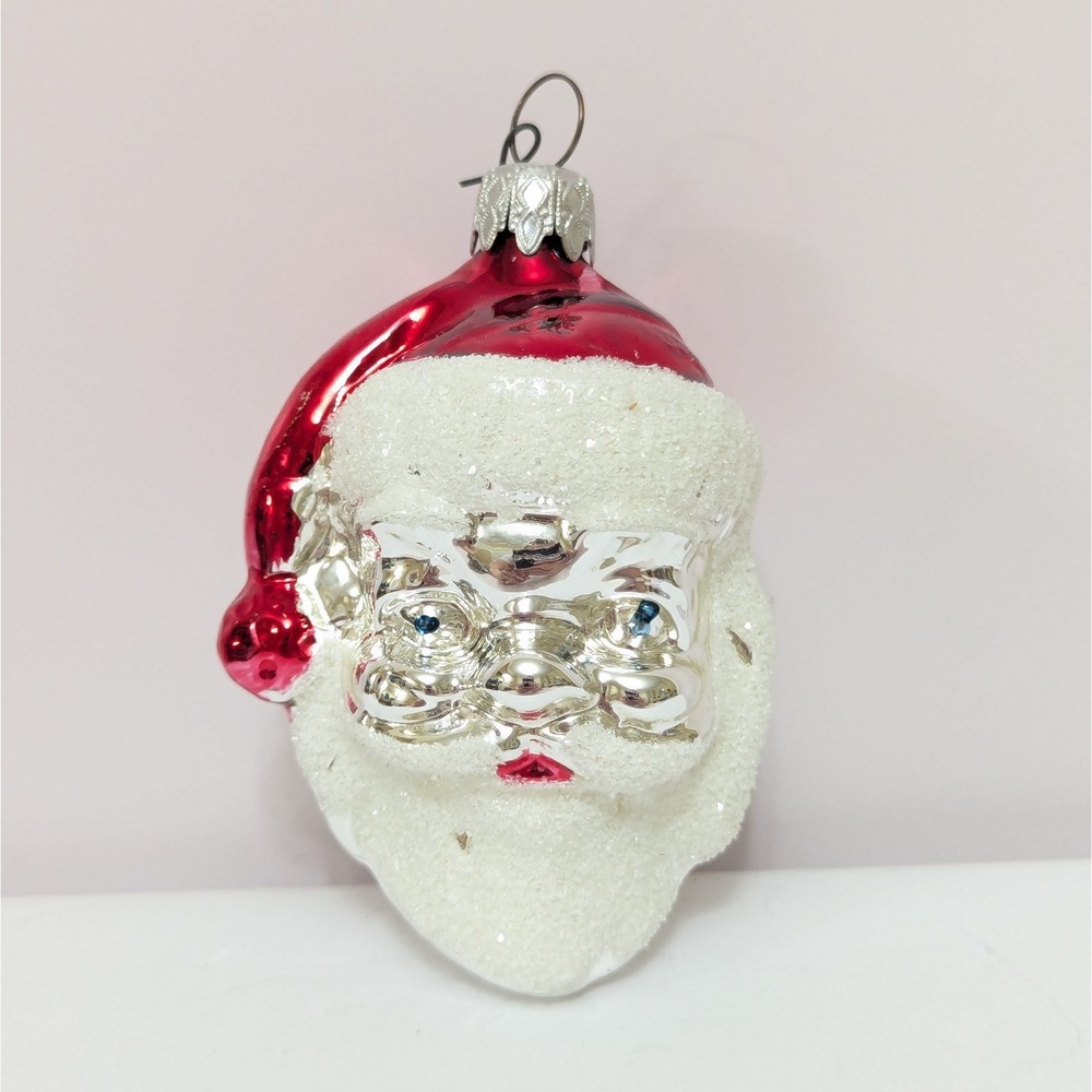 Vtg West Germany Mercury Glass Santa Claus Head Christmas Ornament Mica Beard